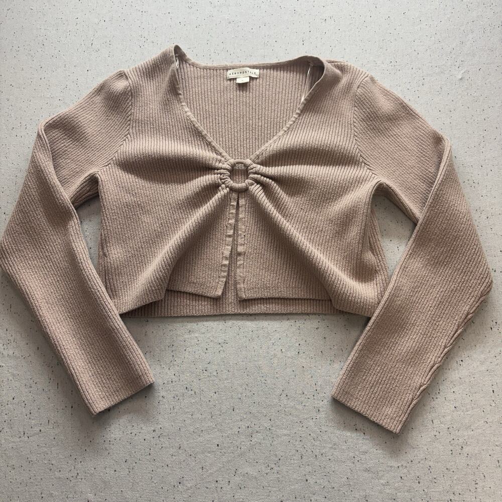 Aeropostale Ribbed Keyhole Cropped Flyaway Sweater Beige Tan Pink XL